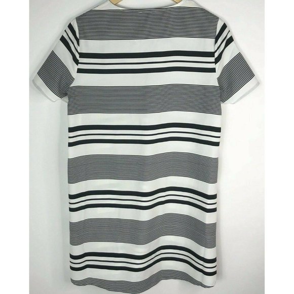 Express Sz Small Black Off-White Striped Short Sleeve Lace-Up V-Neck Shift Dress - Picture 5 of 6